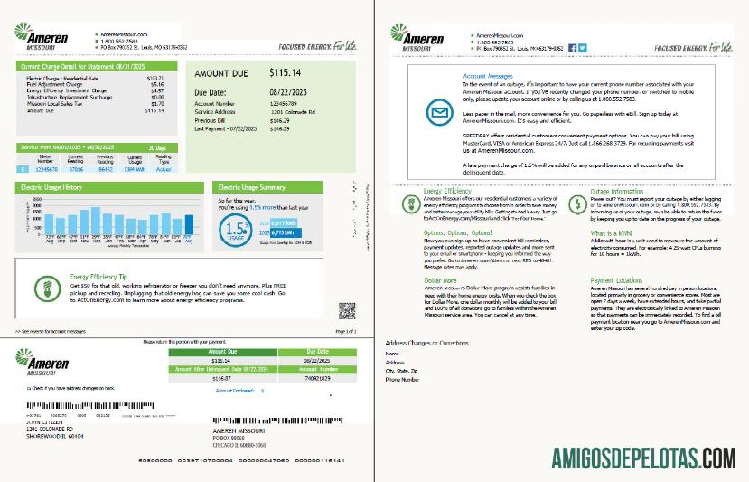 Em branco modelo de conta de serviços públicos dos EUA Ameren Missouri em formatos Word e PDF, 2 páginas